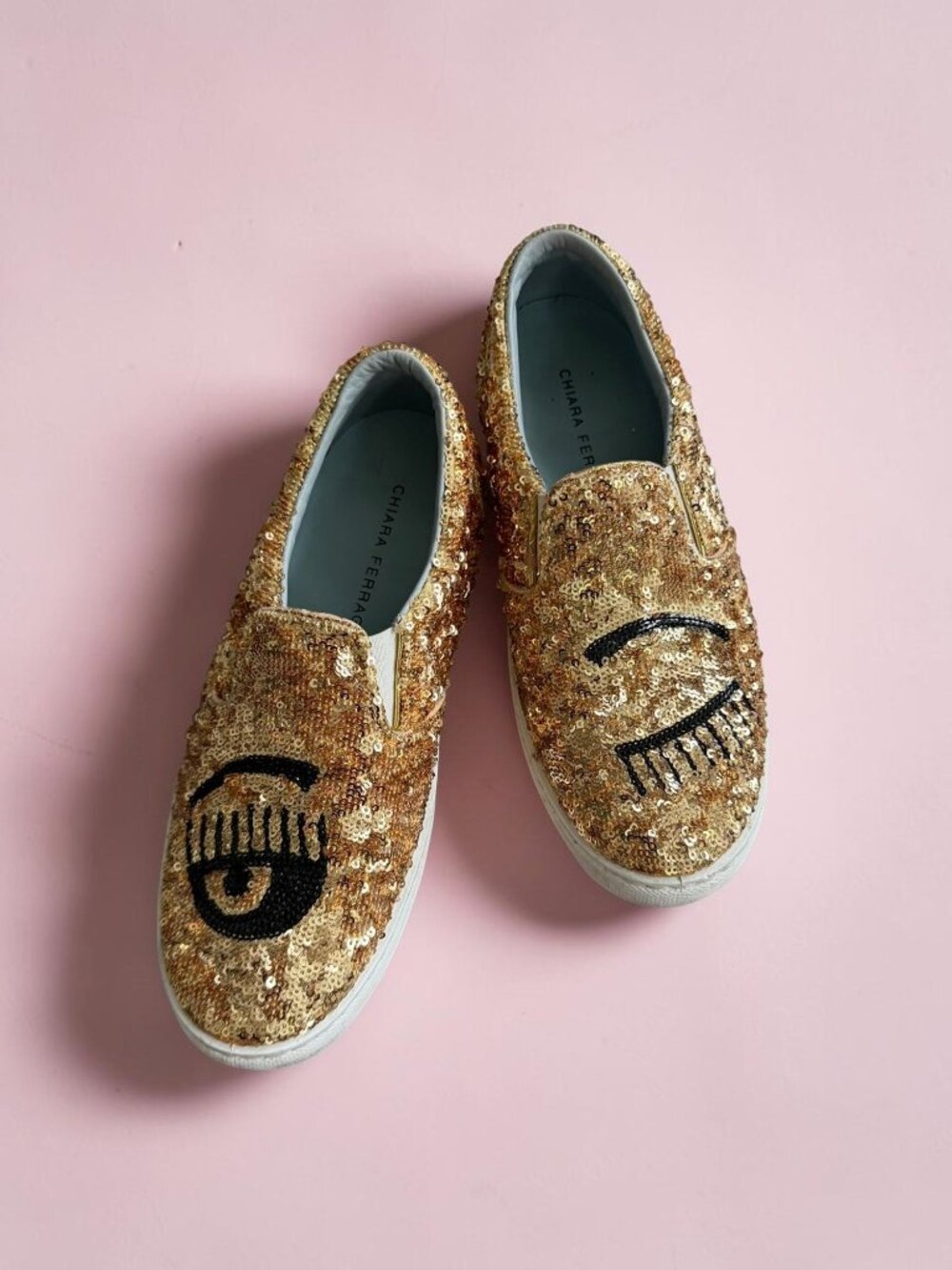 CHIARA FERRAGNI Gold Sequin Slip On Sneakers Size 37 / US 7
